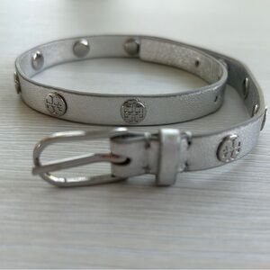 NWOT Tory Burch Silver Genuine Leather Double-Wrap Double T Logo Stud Bracelet